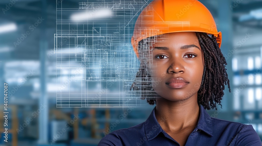 Double exposure woman wearing safety helmet within workshop and manager concept. Confident worker in orange hard hat at modern industrial site. Double exposure woman wearing safety helmet within workshop and manager concept. Confident worker in orange hard hat at modern industrial site.