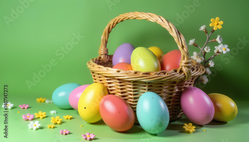 Wicker basket with bright Easter eggs and spring flowers on a green background creates a festive Easter atmosphere