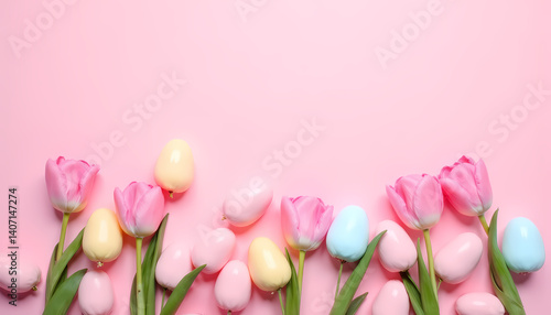 A row of bright pink tulips and pastel Easter eggs create a festive spring frame against a soft pink background.