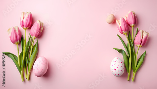 Two bouquets of pink and white tulips and pastel Easter eggs, leaving a free space in the centre for your message.