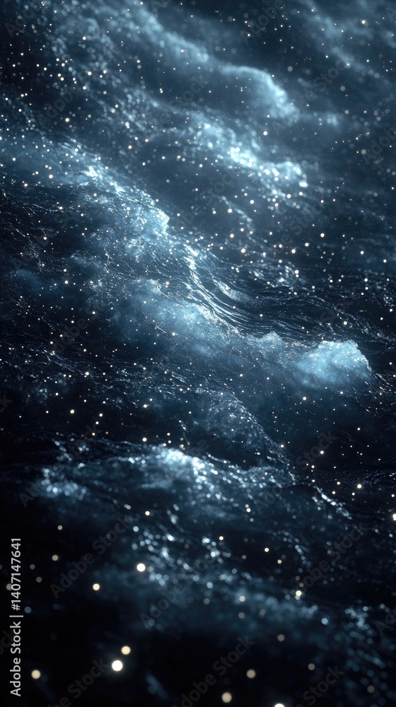 Ethereal, dreamy, blue clouds with tiny scattered lights resembling stars in a deep, dark sky Ethereal, dreamy, blue clouds with tiny scattered lights resembling stars in a deep, dark sky