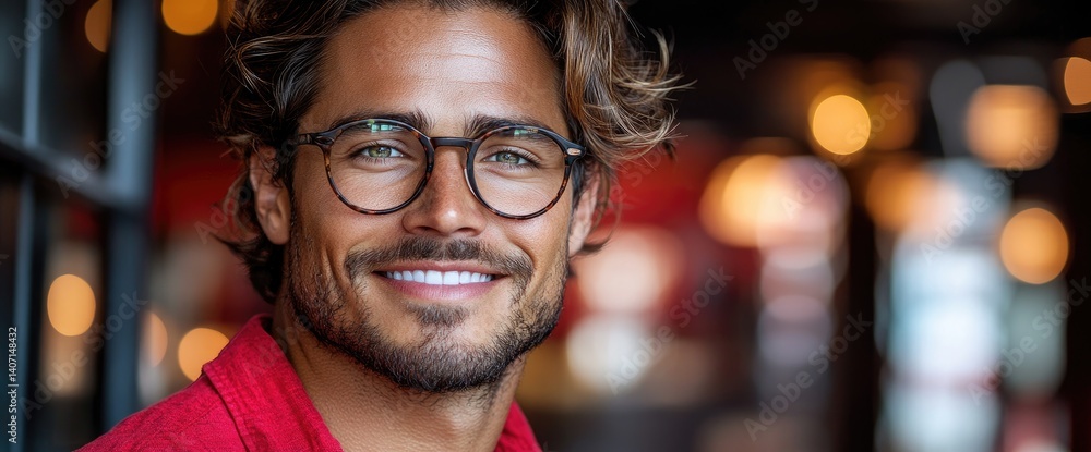 Man smiles, wearing glasses and a red shirt with blurred lights in the background Man smiles, wearing glasses and a red shirt with blurred lights in the background