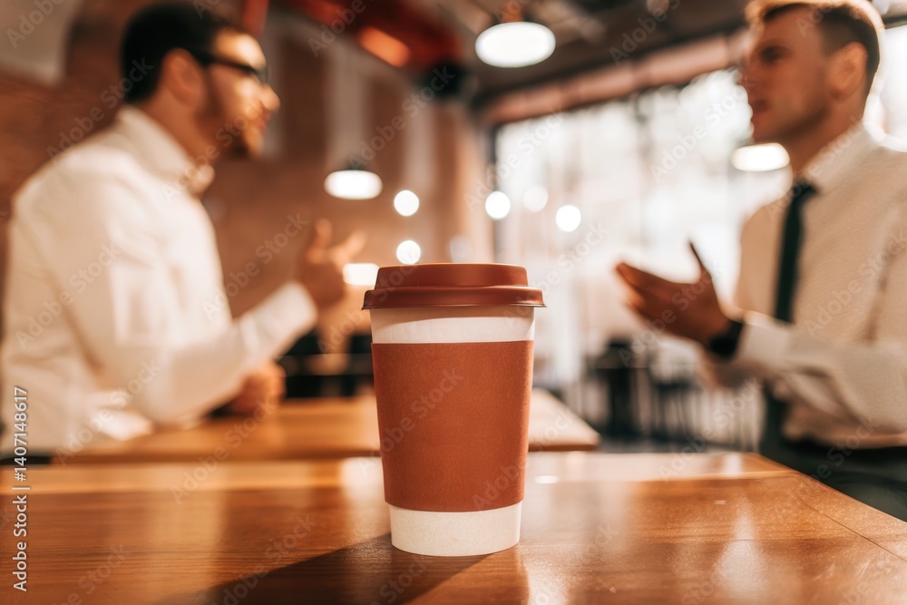 Business Meeting in a Café with Focus on Takeaway Coffee Cup on Table Business Meeting in a Café with Focus on Takeaway Coffee Cup on Table