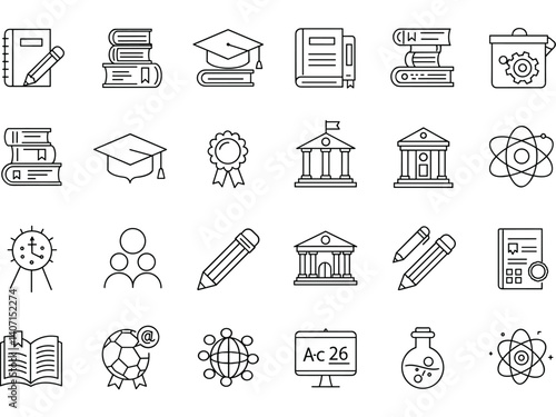 Educational Icon Collection: A comprehensive set of line art icons representing various aspects of education, from academic supplies and graduation symbols to scientific elements.