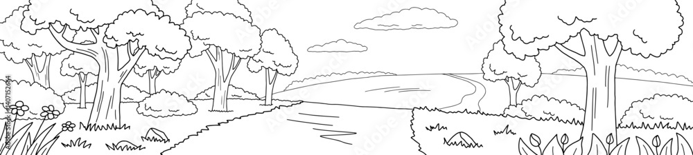 Forest road graphic black white landscape sketch long illustration vector Forest road graphic black white landscape sketch long illustration vector