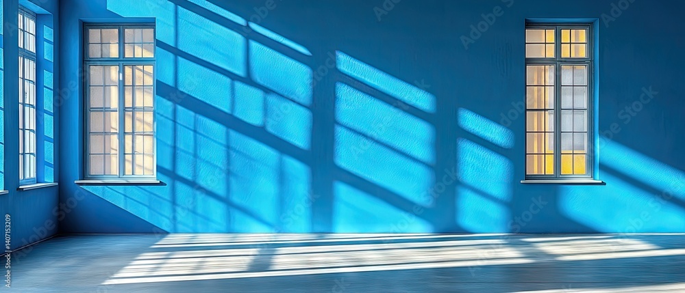 Obraz premium Light streams through the windows casting shadows in a blue room, creating a modern, minimalist interior