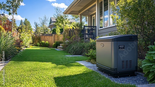 residential standby generator in a backyard setting with air cooled natural gas or liquid propane technology for reliable home backup power and emergency energy