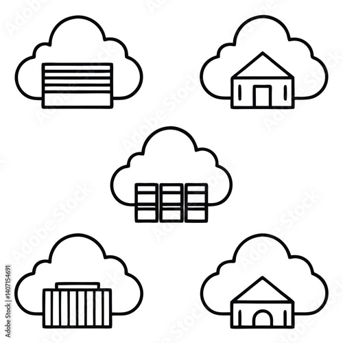 This vector illustration shows a cloud computing concept with a cloud and house icon, representing internet network technology for data and communication