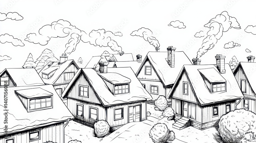 Obraz premium Winter Village Landscape in Black and White