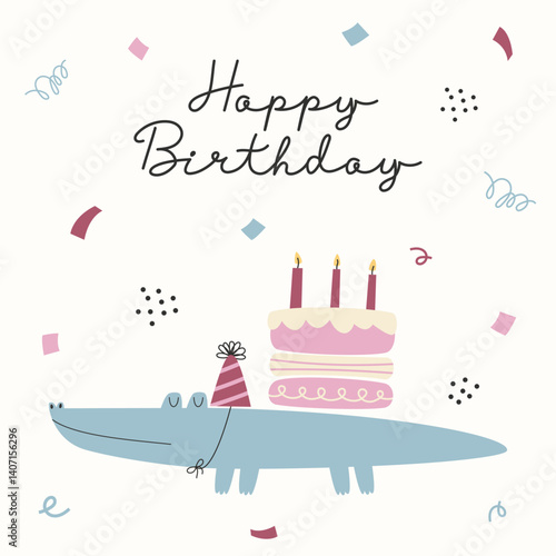 Greeting card with cute crocodile in festive hat, birthday cake and colorful festive confetti. Happy Birthday card or poster concept.
