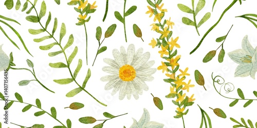 Watercolor Floral Seamless Pattern with Daisies, Lilies, and Herbs