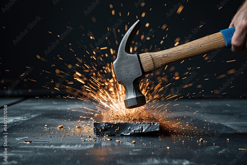 Dramatic Slow Motion Footage of Hammer Impacting Metal on Black Background