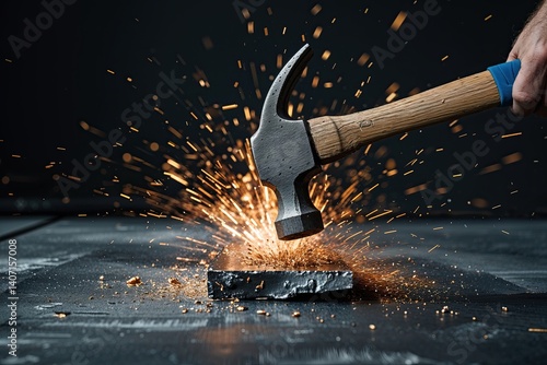 Obraz na płótnie Dramatic Slow Motion Footage of Hammer Impacting Metal on Black Background w salonie