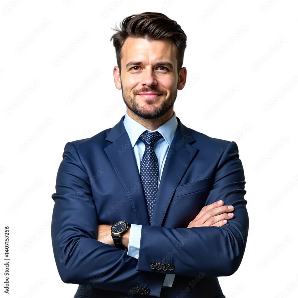Confident young professional. Mid-thirties man in blue suit, patterned tie, slight smirk. Headshot suitable for corporate, finance, legal, or LinkedIn profiles. Isolated on transparent background. Confident young professional. Mid-thirties man in blue suit, patterned tie, slight smirk. Headshot suitable for corporate, finance, legal, or LinkedIn profiles. Isolated on transparent background.