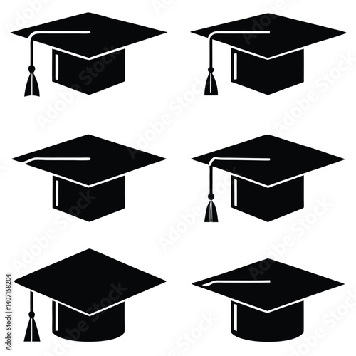 This vector icon set represents academic success with a graduation cap, diploma, and tassel, symbolizing a student's achievement in higher education