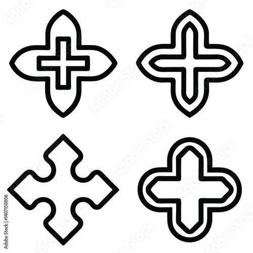 Set of cross icons and symbols includes medical plus signs, religious crosses, and design elements