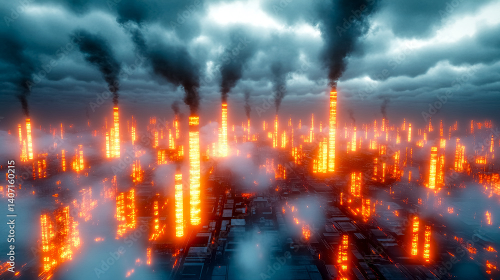 Industrial cityscape emitting pollution under dark clouds, a dystopian future Industrial cityscape emitting pollution under dark clouds, a dystopian future