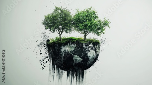 Floating Earth with Trees, Environmental Concept, Abstract Art