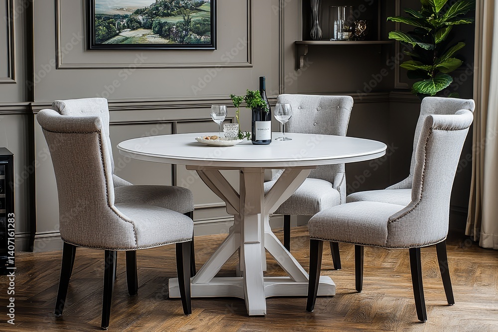 White dining table with four elegant chairs featuring silver cross-shaped backrests, cushioned light gray seats, glass wine cooler, and modern home decor.
White dining table with four elegant chairs featuring silver cross-shaped backrests, cushioned light gray seats, glass wine cooler, and modern home decor.