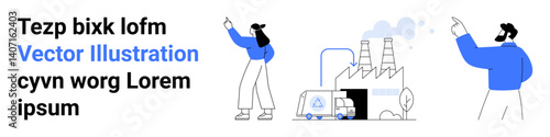 Wallpaper Mural Worker gestures at a factory emitting smoke with a delivery truck unloading goods. Ideal for manufacturing, logistics, transportation, industrial processes, supply chain, business operations, simple Torontodigital.ca