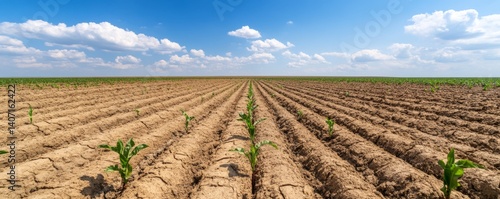 Dried-out irrigation system on farmland, water misuse