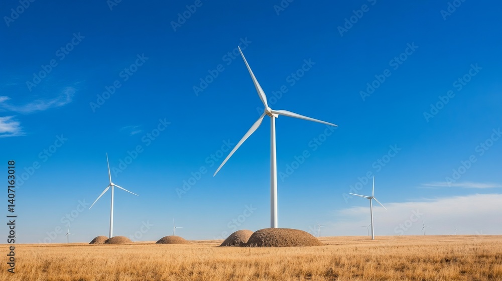 Desert wind farm with buried turbine bases, failed renewable projects, energy paradox