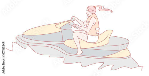 A stylish and vibrant illustration of a young woman enjoying a thrilling jet ski ride, showcasing fun and adventure