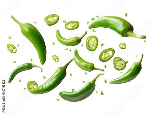 Flying falling green chili peppers isolated on transparent or white background, png