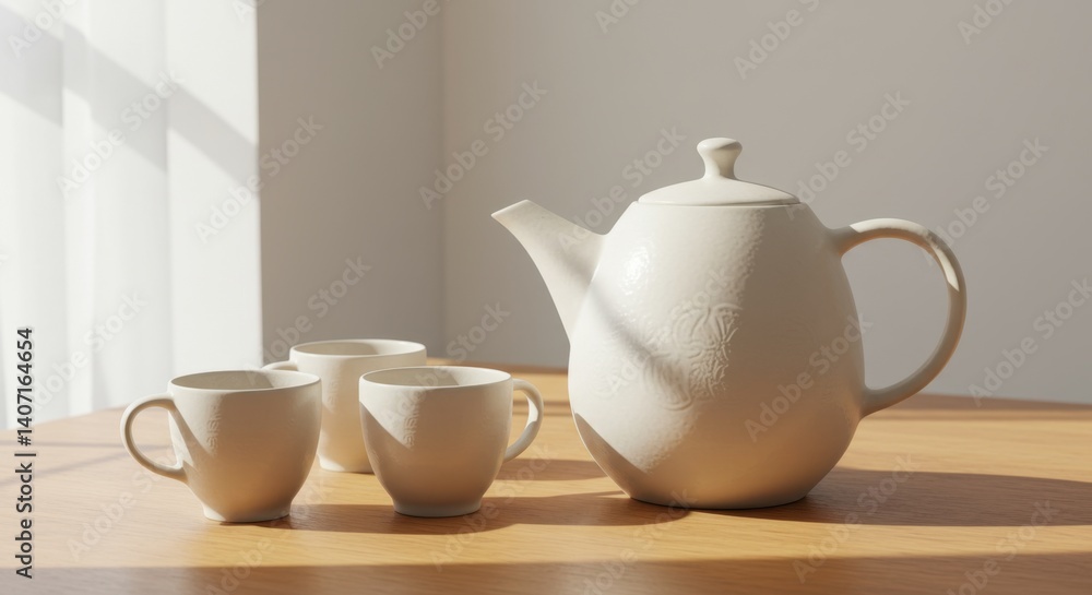 Elegant White Teapot and Cups Set on Wooden Table in Sunlight Elegant White Teapot and Cups Set on Wooden Table in Sunlight