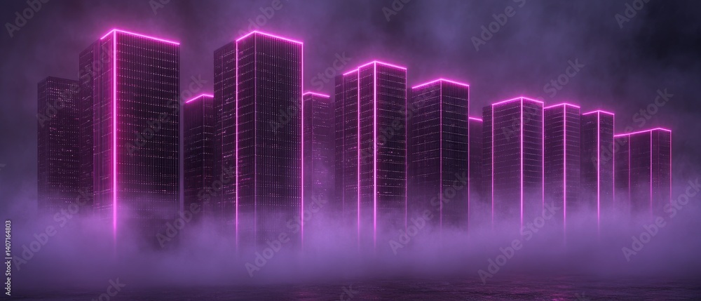 Naklejka premium Neon-lit city skyline shrouded in mist