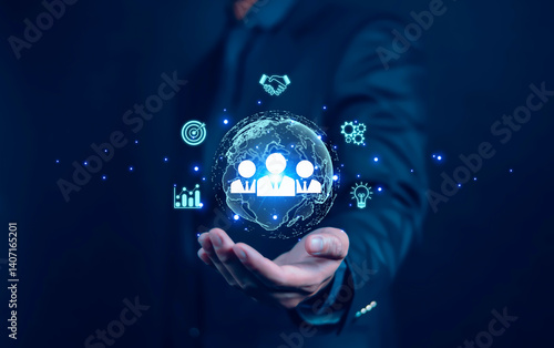 Businessman using people icon concept of development, data exchange, customer service, training, leadership, resources, policy, suggestions, professional team, recruitment, digital technology