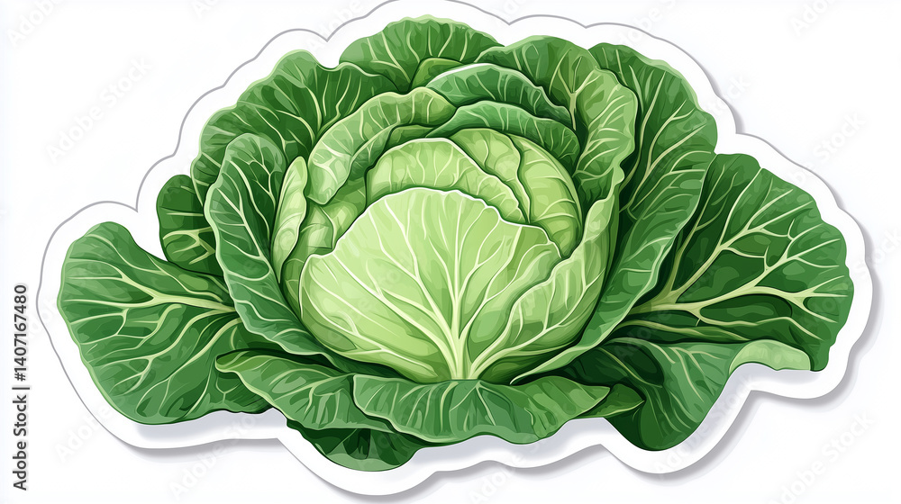Fototapeta premium Napa Cabbage Sticker, Large Light Green Cabbage with Crinkled Leaves and Crisp White Stem, Fresh and Farm-Grown Asian Cuisine Ingredient, White Border, Isolated on White Background, Generated AI 