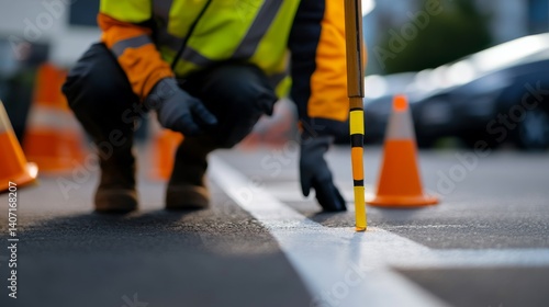 Roadwork technician marking lanes with precision equipment. Featuring accuracy and safety