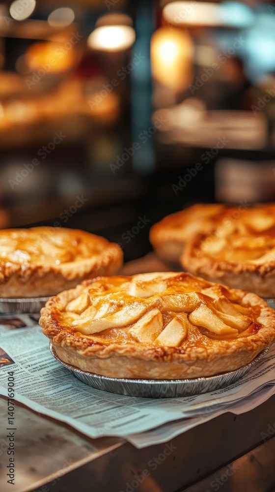 Golden-crusted apple pies rest on a countertop. Golden-crusted apple pies rest on a countertop.