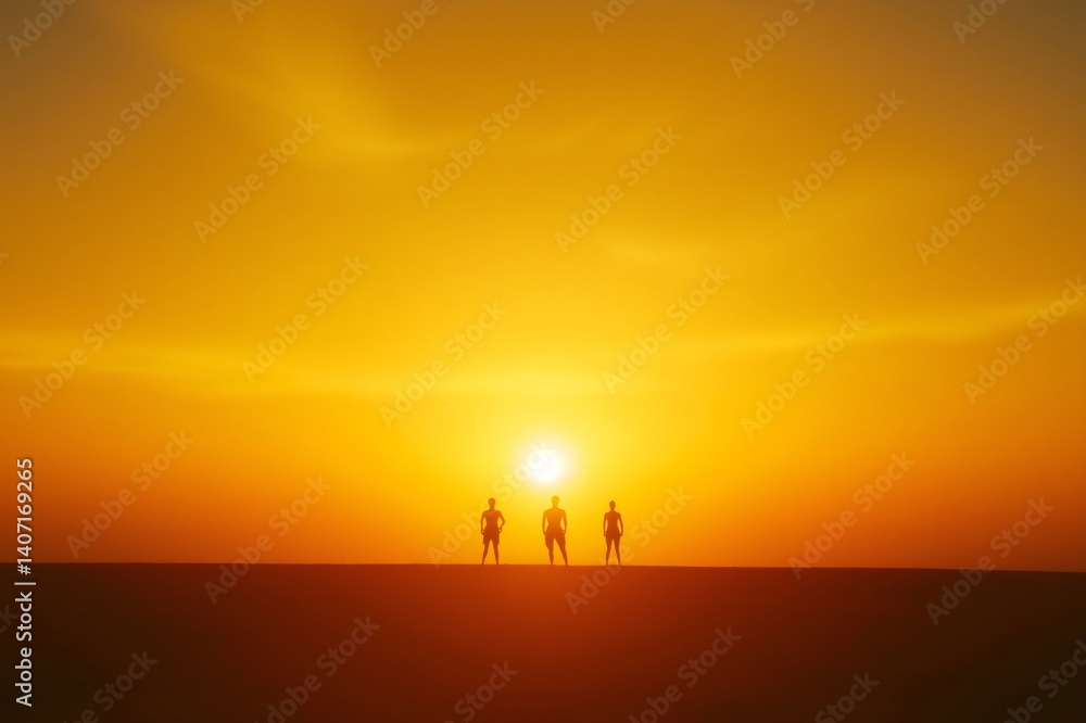 Fototapeta premium Three athletes silhouetted against a vibrant sunrise, symbolizing achievement, teamwork, and the power of starting the day with exercise