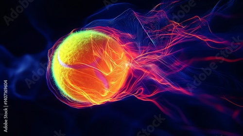 Intense neon tennis ball impact sending out abstract light trails in a visually striking AI-generated double exposure