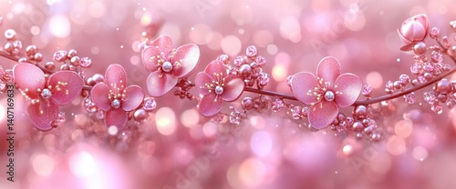 Pink blossoms adorn a branch. Dreamy bokeh background. A whimsical, gentle, springlike aesthetic