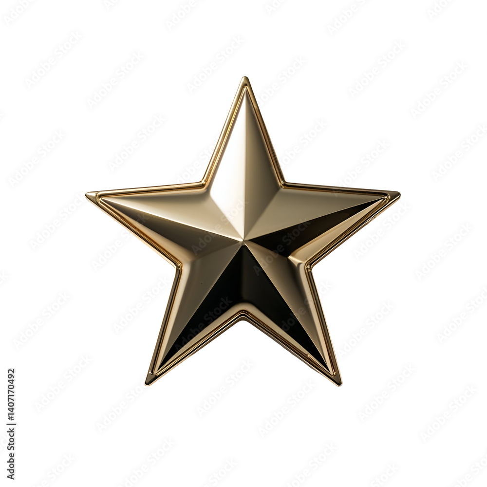 Obraz premium Gold metallic star with sharp edges and beveled design, 3D render, emblematic military insignia style isolated on white background
