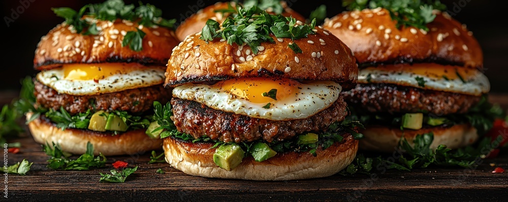 Delicious gourmet burgers with eggs, avocado, and herbs on wooden background Delicious gourmet burgers with eggs, avocado, and herbs on wooden background