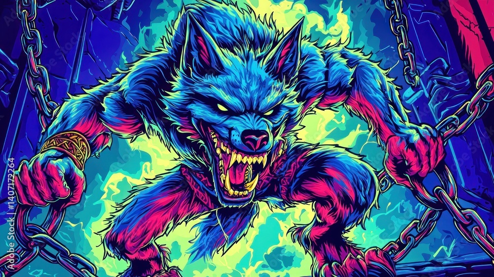 Ferocious werewolf in neon colors, chained Ferocious werewolf in neon colors, chained