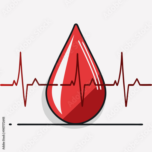 Blood drop with heartbeat line in medical vector illustration