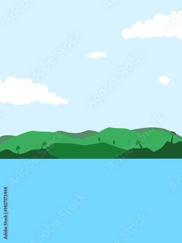 illustration of a bright lake surrounded by green grass. background design and graphic