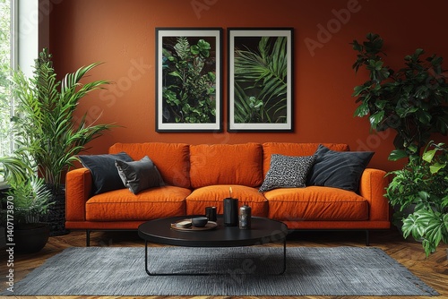 Modern living room with vibrant decor, orange sofa, and lush green plants