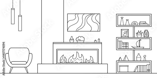 Fireplace in living room graphic black white interior sketch illustration vector 