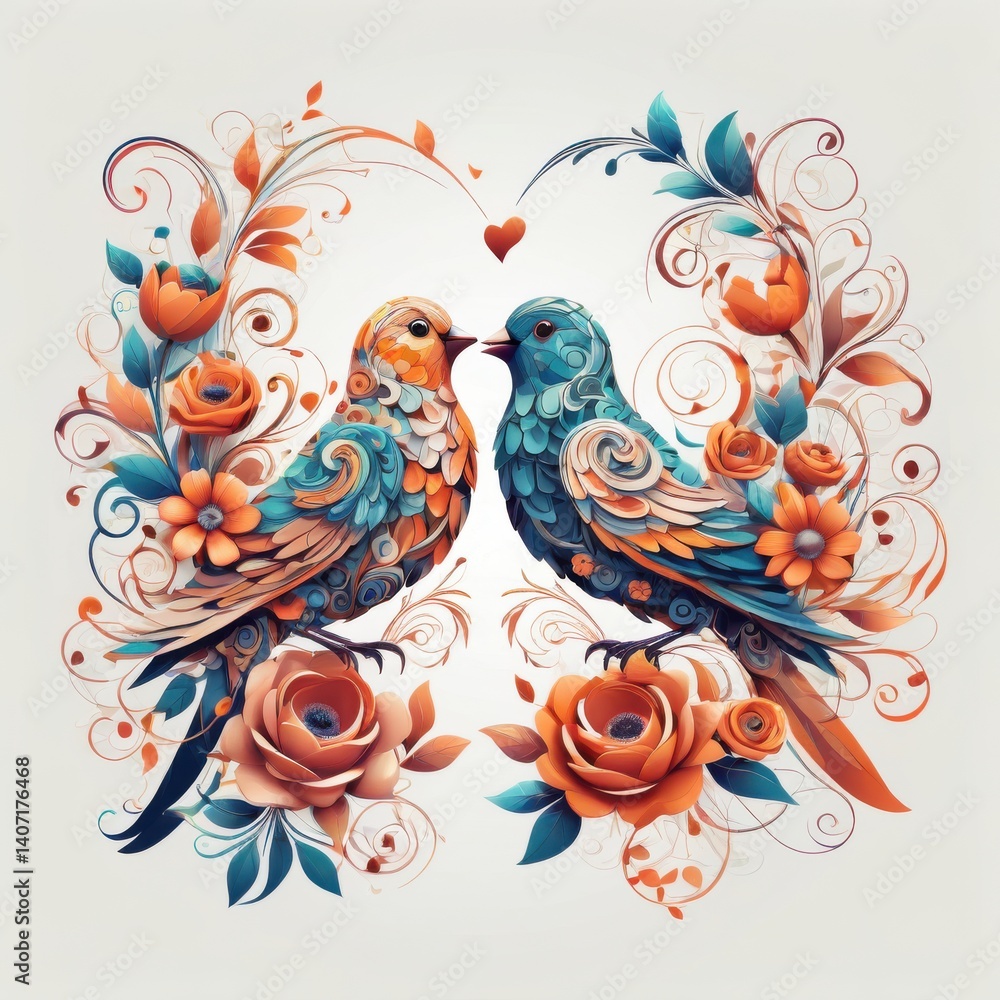 Fototapeta premium Two Artistic Birds in Love Nestled Among Orange Flowers and Swirling Vines