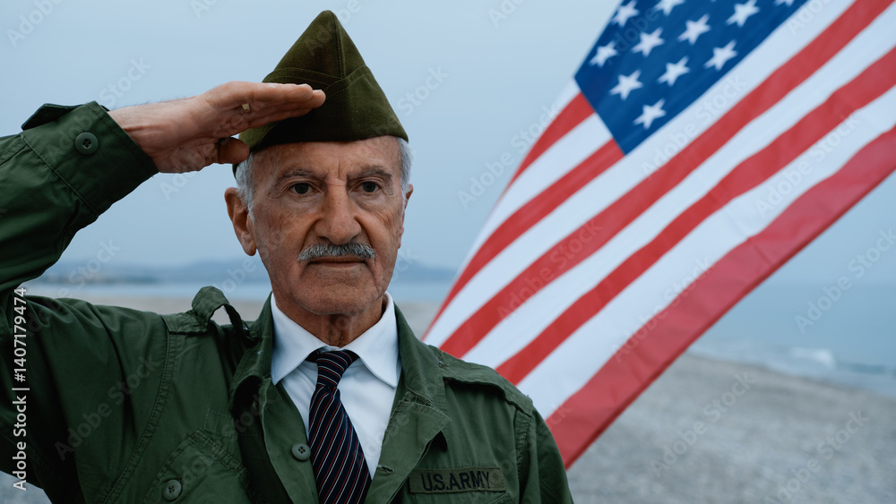 Old USA Male Soldier Salute At The Sea