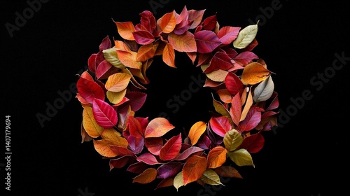 Vibrant Autumn Leaves Wreath on Black Background for Visual Delight