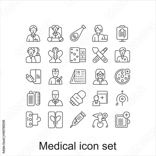 Medical icons, minimalist line drawings, healthcare symbols, doctor and nurse pictograms, medical equipment illustrations, hospital-related graphics, black and white design, uniform grid layout, squar