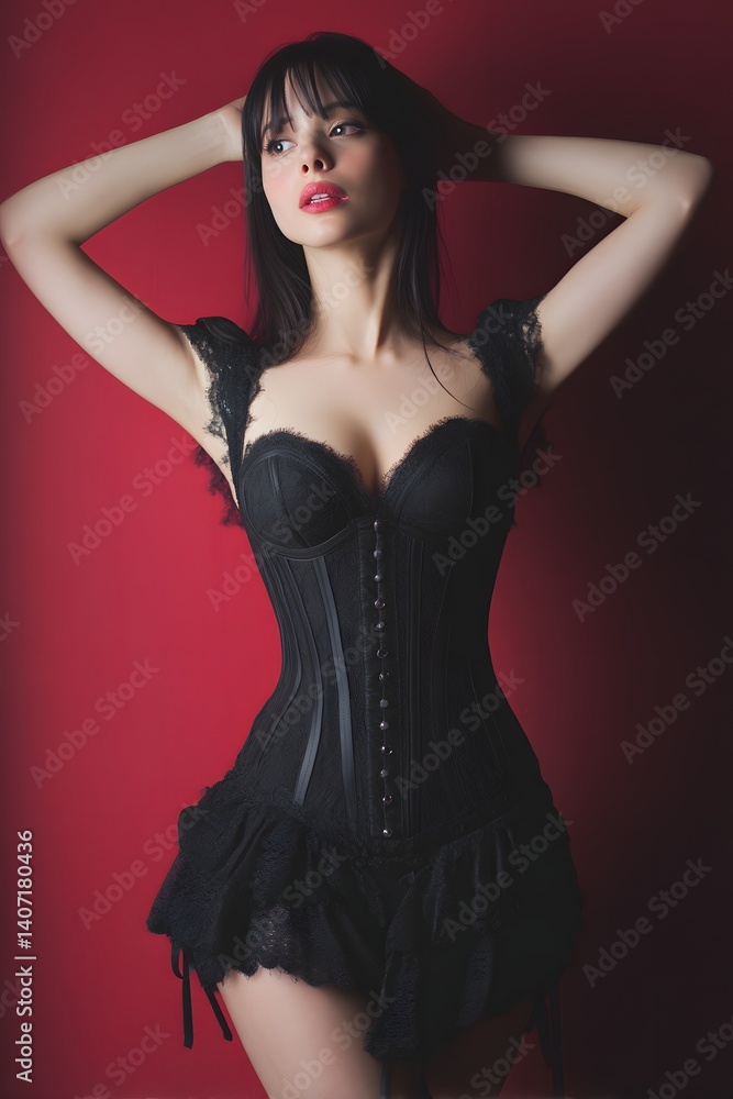 Fototapeta premium Elegant Silhouette: A captivating portrait of a woman in an exquisitely designed black corset dress, her poised posture and the rich red backdrop enhance the elegance of the image.