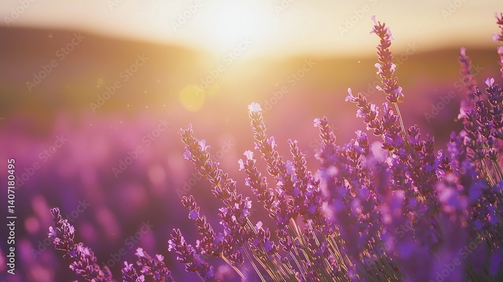 Fototapeta premium Beautiful Lavender Field at Sunset Capturing Pure Happiness and Calm